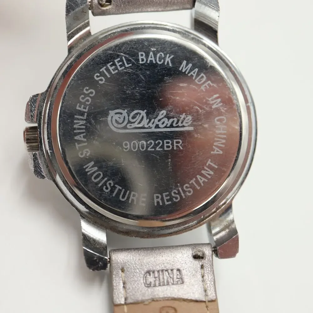 Vintage Dufonte Silver Tone Mens Watch 42mm Roman Dial Leather Strap New Battery